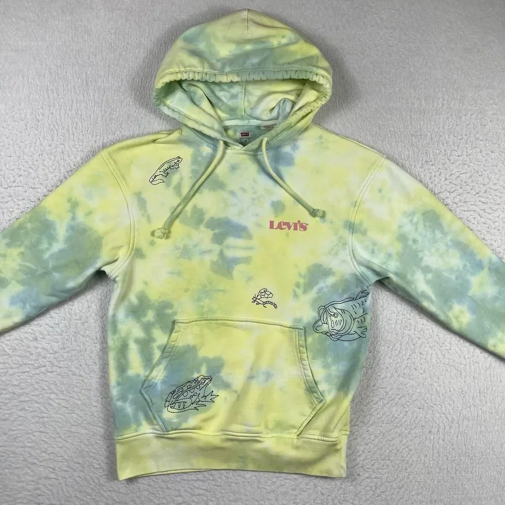 Levi's Hoodie Mens XS Yellow Blue‎ Tie Dye Frog Lizard Relaxed Pullover 38479
